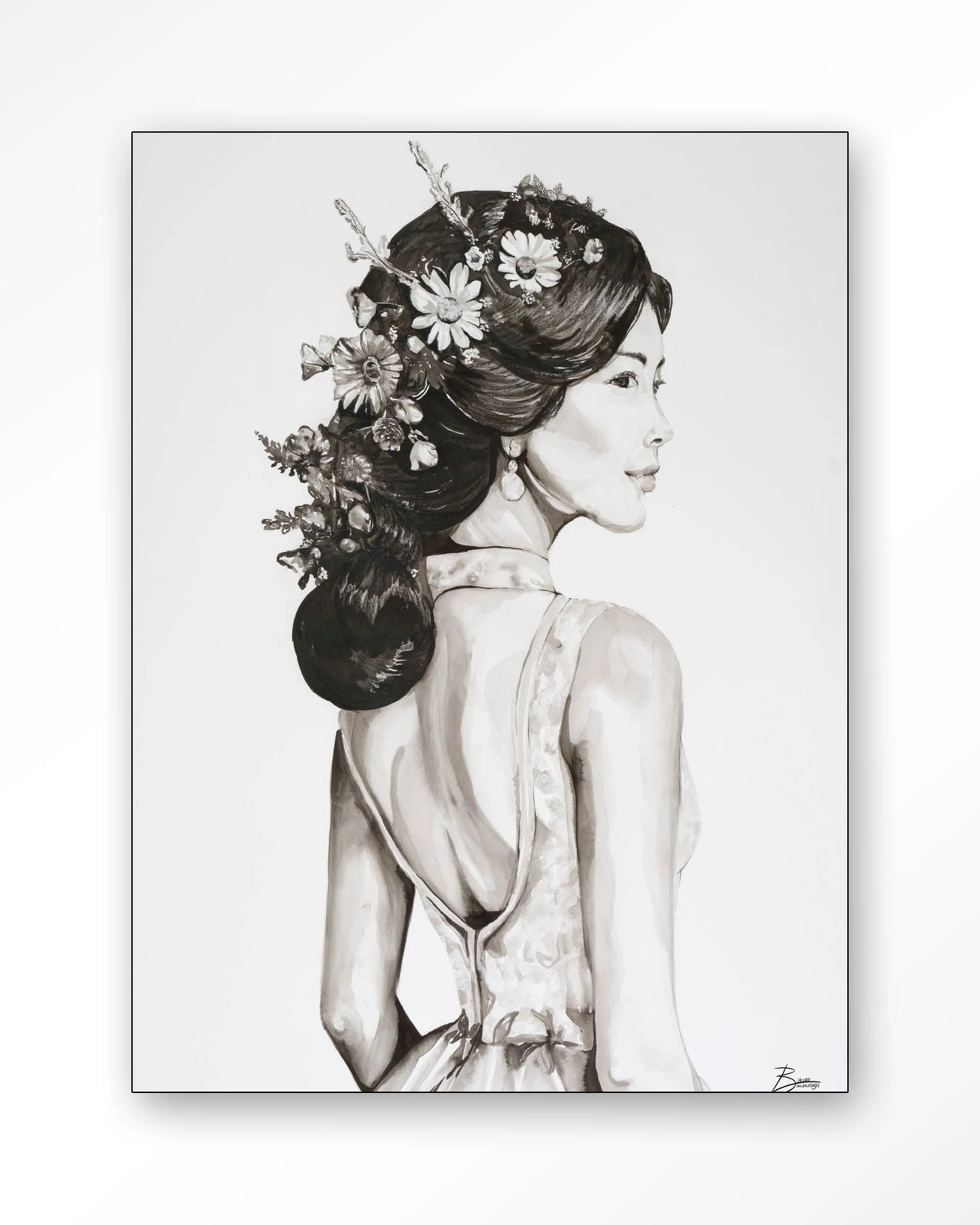 Wanddoek Lady with blossom 110x145 cm / frame zwart