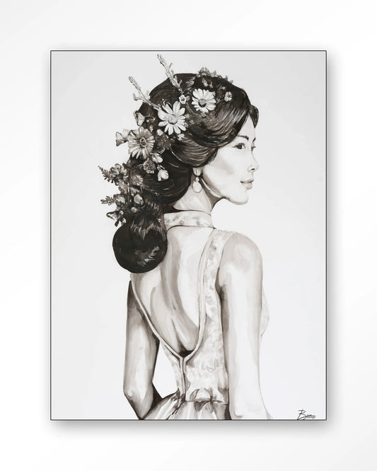 Wanddoek Lady with blossom 110x145 cm / frame zwart